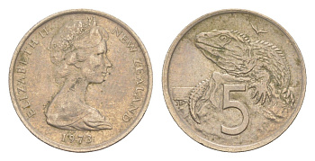 Новая Зеландия 5 центов 1973 Елизавета II (1952-2022), ящерица гаттерия KM 34 медно-никель 4651-168
