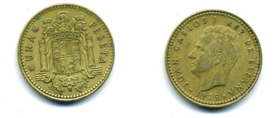 ИСПАНИЯ 1 ПЕСЕТА 1975 (77) ХУАН КАРЛОС I (1975-) КМ 806 алюминиевая бронза 54-559