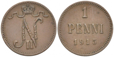 РОССИЯ ДЛЯ ФИНЛЯНДИИ 1 ПЕННИ 1915 НИКОЛАЙ II KM 13, Биткин 475 медь 211-1013