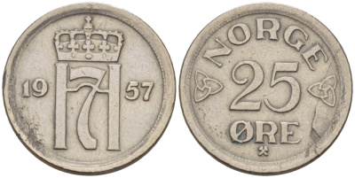 НОРВЕГИЯ 25 ЭРЕ 1957 ХОКОН VII (1905-1957) KM 401 медно-никель 66-413