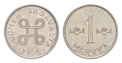 Финляндия 1 марка 1959 KM 36a железо плакированное никелем 4647-436