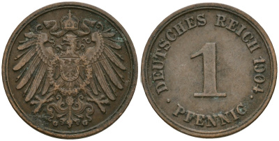 Германия 1 пфенниг 1904 G, Вильгельм II (1888-1918) KM 10, J. 10 медь 4608-231