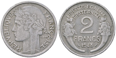 Франция 2 франка 1948 KM 886a.1, Le Franc 269 алюминий 4582-235