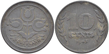 НИДЕРЛАНДЫ 10 ЦЕНТОВ 1943 ВИЛЬГЕЛЬМИНА I (1891-1948), ГЕРМАНСКАЯ ОККУПАЦИЯ, ВТОРАЯ МИРОВАЯ ВОЙНА KM 173 цинк 4548-841