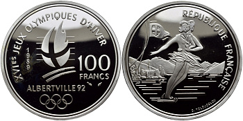 Франция 100 франков 1989 XVI Зимние Олимпийские игры 1992 в Альбервиле, парное фигурное катание KM 972 серебро PROOF 413-2535