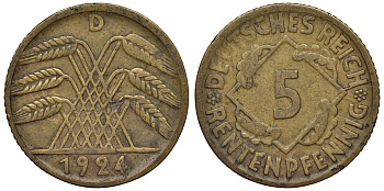 Германия 5 рентенпфеннигов 1924 D KM 32, J. 308 алюминиевая бронза 4124-251