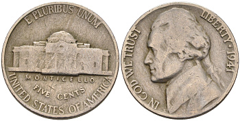 США 5 ЦЕНТОВ 1941 ДЖЕФФЕРСОН KM 192 медно-никель 4589-252