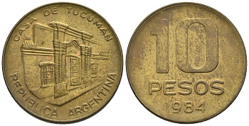 Аргентина 10 песо 1985 здание конгресса Тукумана KM 93, Schon 93, CJ 363 латунь    60-526
