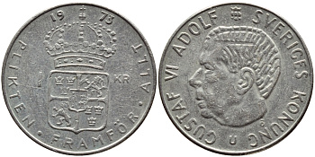 Швеция 1 крона 1973 Густав VI Адольф (1950-1973) KM 826а медь плакированная медно-никелем 4395-126