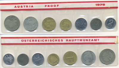 Австрия набор из 7 монет  1978  2, 5, 10, 50 грошей, 1, 5, 10 шиллингов, в целлофане KM PS 38 PROOF 00-00