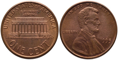 США 1 ЦЕНТ 1995 ЛИНКОЛЬН KM 201b цинк плакированный медью 66-1049