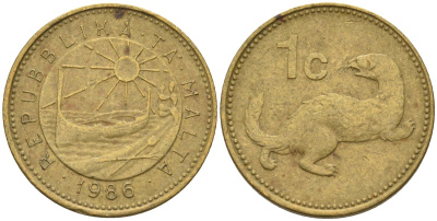 Мальта 1 цент 1986 ласка, горностай KM 78 никель латунь 4585-1126