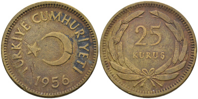 Турция 25 куруш 1956  KM 886 латунь 4595-457