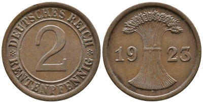 ГЕРМАНИЯ 2 РЕНТЕНПФЕННИГА 1923 A KM 31, J. 307 бронза 24-443