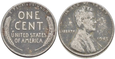 США 1 цент 1943 Авраам Линкольн KM 132а сталь плакированная цинком 3309-461