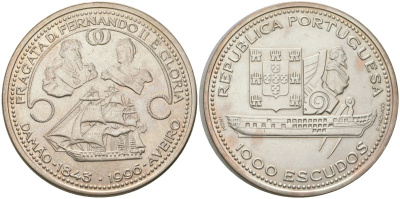 Португалия 1000 эскудо 1996 Восстановление фрегата Фердинанд II и Глория KM 688 серебро    4552-222