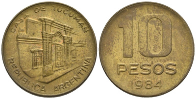Аргентина 10 песо 1985 здание конгресса Тукумана KM 93, Schon 93, CJ 363 латунь    60-526