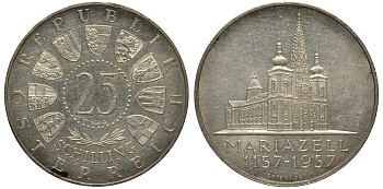Австрия 25 шиллингов 1957 800 лет Базилике Мариацелля KM 2883 серебро aUNC 1520-131