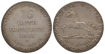 Брауншвейг-Каленберг-Ганновер 16 гутергрошен 1834 Вильгельм IV (1830-1837) J. 33, AKS 66, Kahnt 212 серебро 10-014-30
