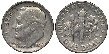 США 10 центов (дайм) 1967 Рузвельт KM 195а медь плакированная медно-никелем 4124-437