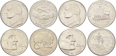 США полный набор из 4 монет (5 центов) 2004 и 2005 200 лет экспедиции Льюиса и Кларка KM 360, 361, 368 и 369 медно-никель UNC 4668-951-954