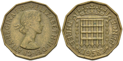 Великобритания 3 пенса 1958 Елизавета II (1952-2022) KM 900, Spink 4153 никель латунь 4561-1026