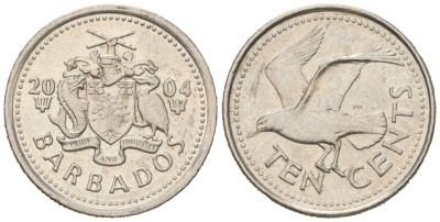 Барбадос 10 центов 2004 KM 12 медно-никель UNC 4618-1163