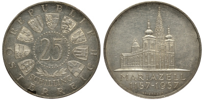 Австрия 25 шиллингов 1957 800 лет Базилике Мариацелля KM 2883 серебро aUNC 1520-131