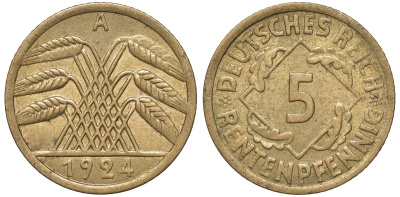 Германия 5 рентенпфеннигов 1924 A KM 32, J. 308 алюминиевая бронза 4174-459