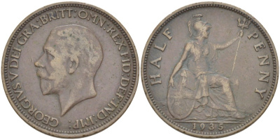 Великобритания 1/2 пенни 1935 Георг V (1910-1936) KM 837, Spink 4058 бронза 4514-1144