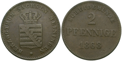 Саксен-Мейнинген 2 пфеннига 1868 Георг II (1866-1914) KM 174 медь 99-662