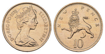 Великобритания 10 пенсов 1976 Елизавета II (1952-2022) KM 912, Spink 4231 (F1) медно-никель UNC 4675-646