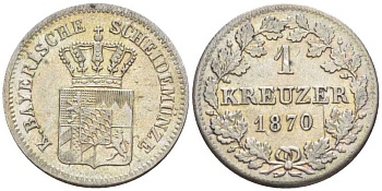 Бавария 1 крейцер 1870 Людвиг II (1864-1886) KM 487 серебро 201-1022