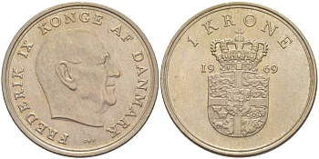 ДАНИЯ 1 КРОНА 1969 C;S, ФРЕДЕРИК IX (1947-1972) KM 851.1 медно-никель 202-821