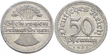 ГЕРМАНИЯ 50 ПФЕННИГОВ 1922 F KM 27, J. 301, Weege 10 алюминий 4539-1053