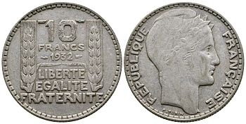 Франция 10 франков 1932 Пьер Тюрен KM 878, Le Franc 360.5 серебро 79-1542