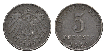 Германия 5 пфеннигов 1920 A KM 19, J. 297, Weege 5 железо плакированное цинком 4640-166