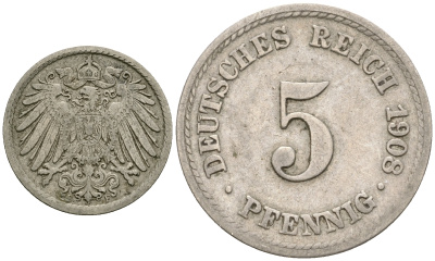 Германия 5 пфеннигов 1908 F KM 11, Jager 12, Weege 6 медно-никель 4608-818