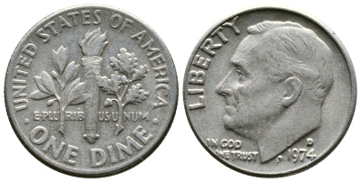 США 10 центов (дайм) 1974 D, Франклин Рузвельт KM 195а медь плакированная медно-никелем 51-5053