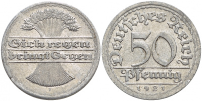 ГЕРМАНИЯ 50 ПФЕННИГОВ 1922 F KM 27, J. 301, Weege 10 алюминий 4539-1053