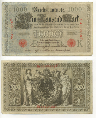 ГЕРМАНИЯ 1000 МАРОК 1910 КРАСНАЯ ПЕЧАТЬ, 7 ЦИФР В НОМЕРЕ Pick 44b бумага 7183-5-3