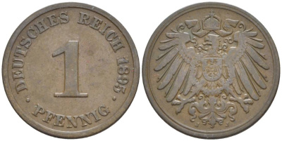 ГЕРМАНИЯ 1 ПФЕННИГ 1895 J KM 10, Jager. 10, Weege 2 медь 4528-1136