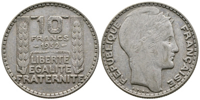 Франция 10 франков 1932 Пьер Тюрен KM 878, Le Franc 360.5 серебро 79-1542