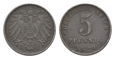Германия 5 пфеннигов 1920 A KM 19, J. 297, Weege 5 железо плакированное цинком 4640-166