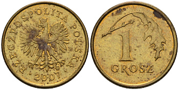 Польша 1 грош 2007 MW KM 276, Parchimowicz 701p латунь 4580-465