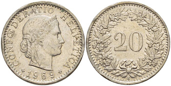 Швейцария 20 раппенов 1969 KM 29а медно-никель 4551-854