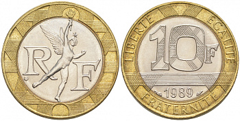 Франция 10 франков 1989 тип гений Бастилии KM 964.1, Le Franc 375.3 биметалл 186-356