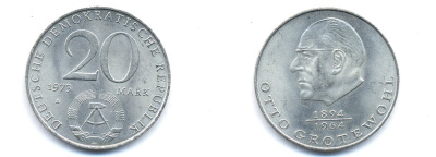 ГДР 20 марок 1973 А, Отто Гротеволь (1894-1964) KM 47 медно-никель 3333-435