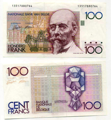 БЕЛЬГИЯ 100 ФРАНКОВ 1982-1994 ПОДПИСЬ (5 И 14), АРХИТЕКТОР ХЕНДРИК БЕЙЕРТ Pick 142а aUNC 6293-22-3