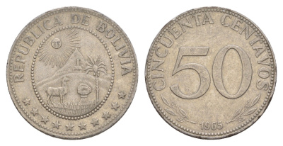 Боливия 50 сентаво 1965 KM 190 сталь плакированная никелем 4628-345